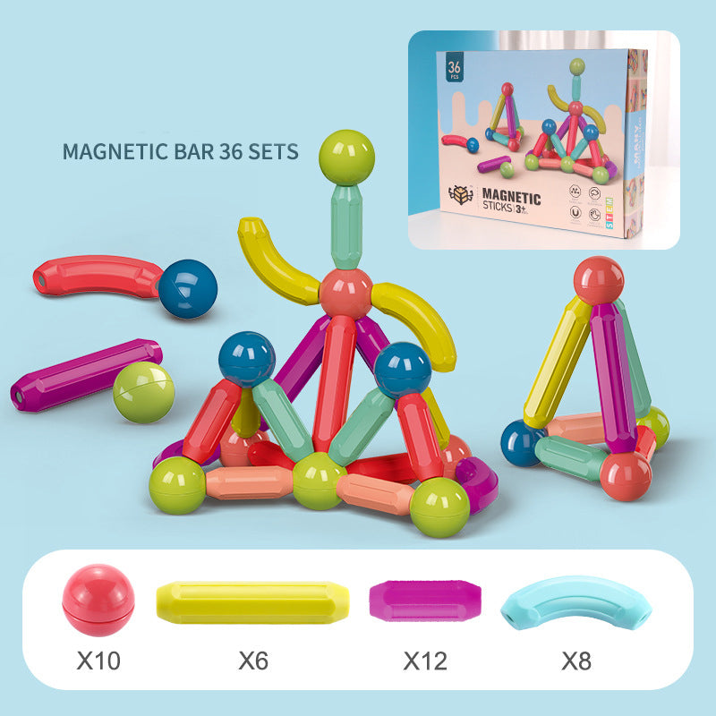 Colorful magnetic building sticks on a light blue background with packaging and component count displayed.