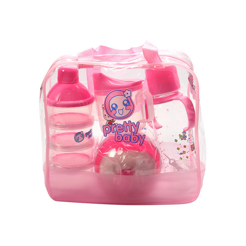 Pink toy baby bottle set with 'pretty baby' branding in a clear plastic bag on a white background.